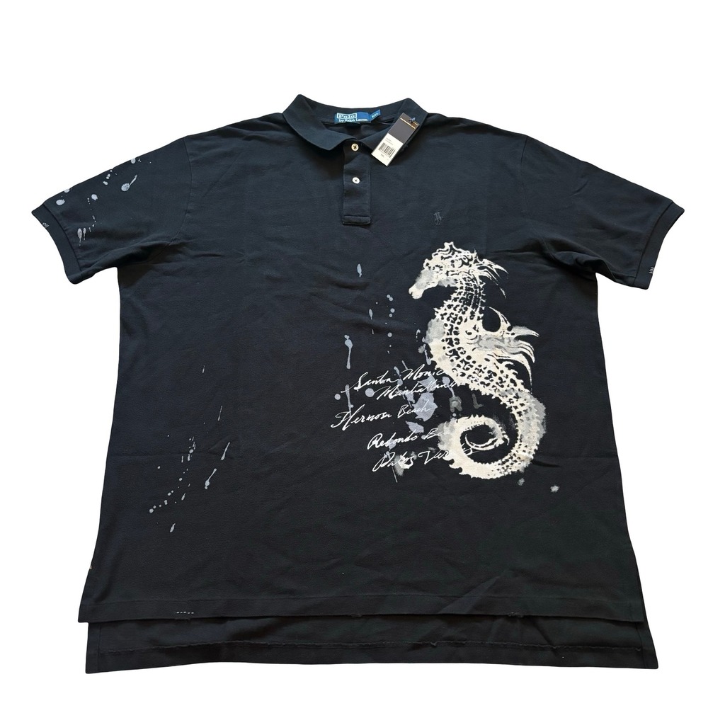 Polo Ralph Lauren Mens‎ Seahorse Graphic Polo Shirt Black XXL Vintage Deadstock